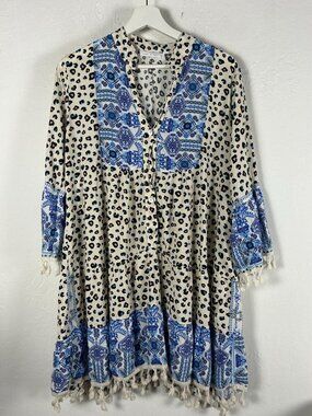 Vintage Italian Lagenlook Boho Leopard & Blue Tile Mixed Print Tunic Dress Boho